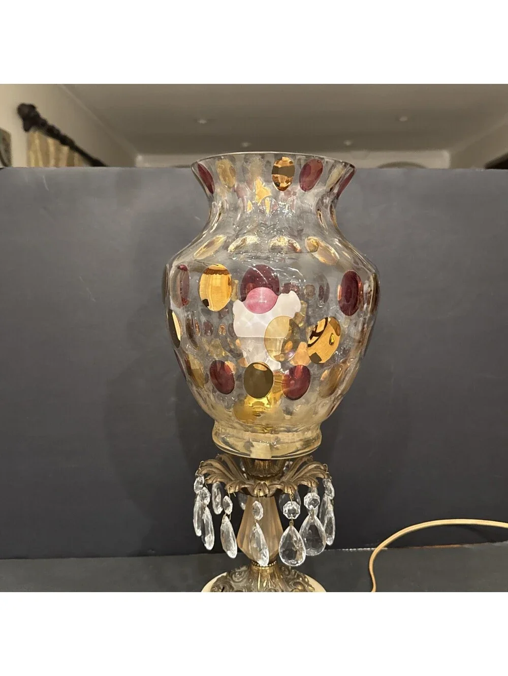 Vintage Hollywood Regency Bohemian Art Glass Marble Base Table Lamp 17.75” H